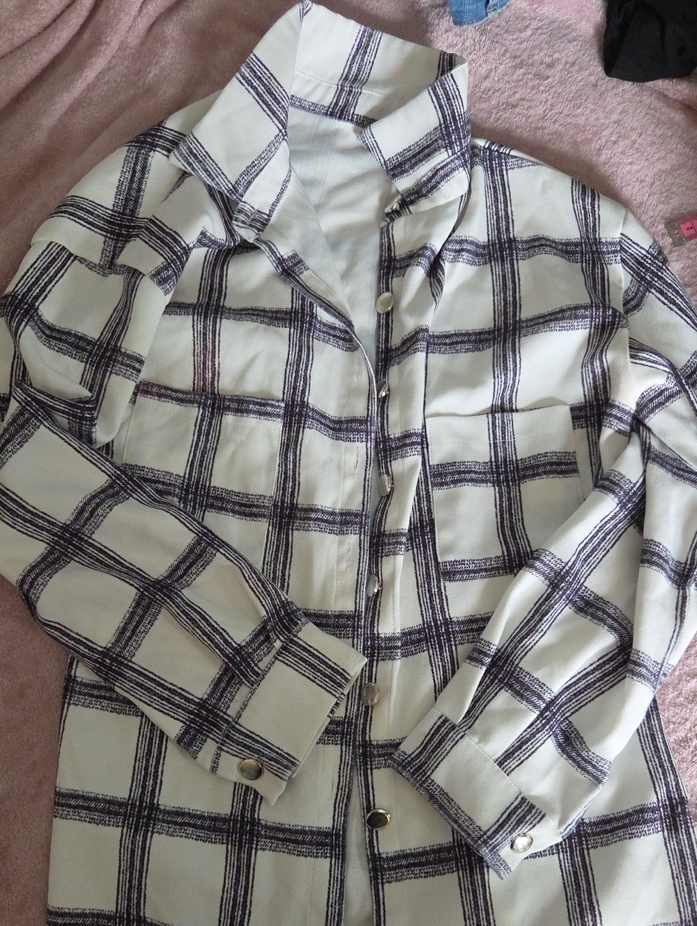 SHIEN Women's White Plaid Button-Front Over Shirt